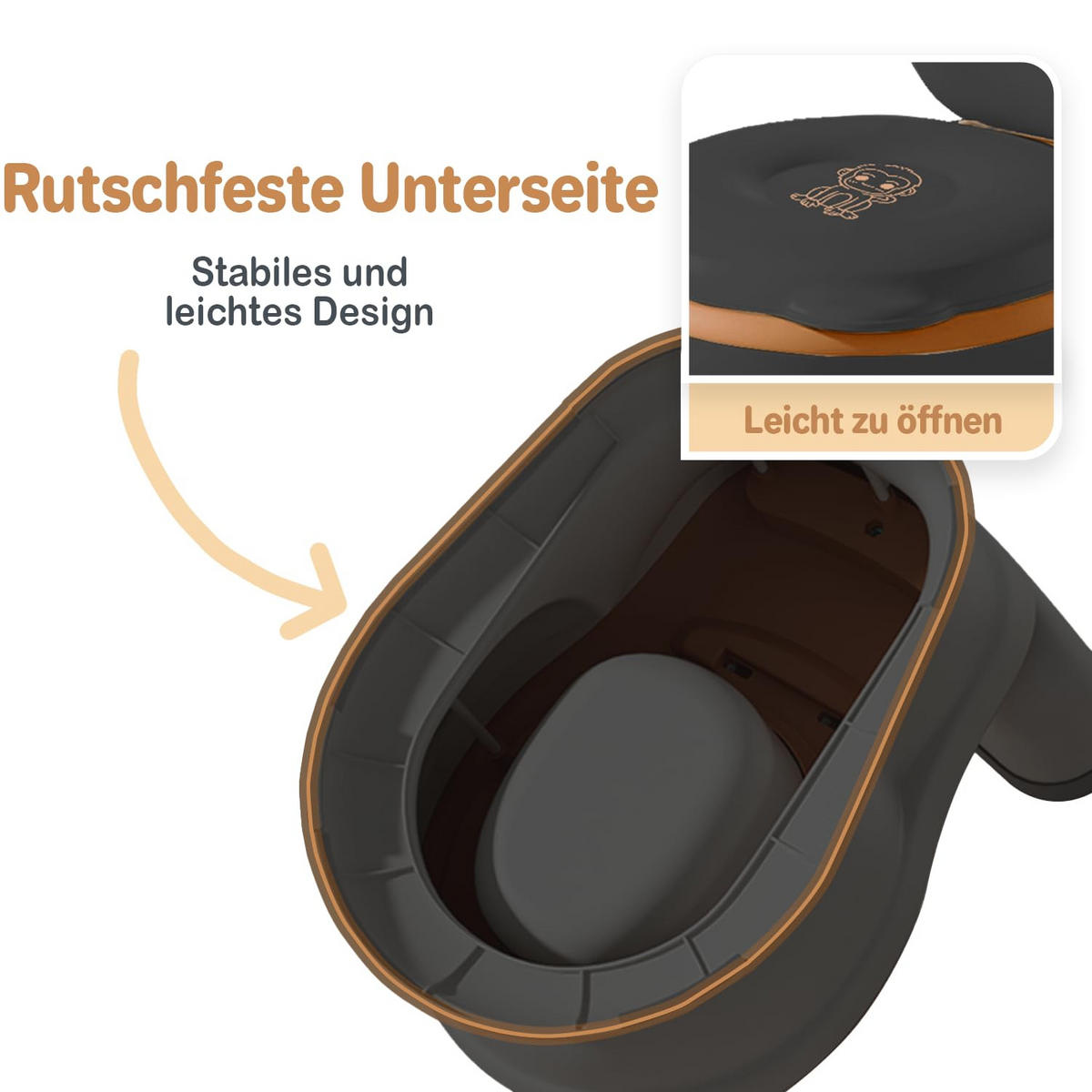 TÖPFCHEN 3-in-1 Potty Trainer & Kindertoilette Schwarz Braun - Schwarz/Braun, Kunststoff (39/40cm) - Twinky