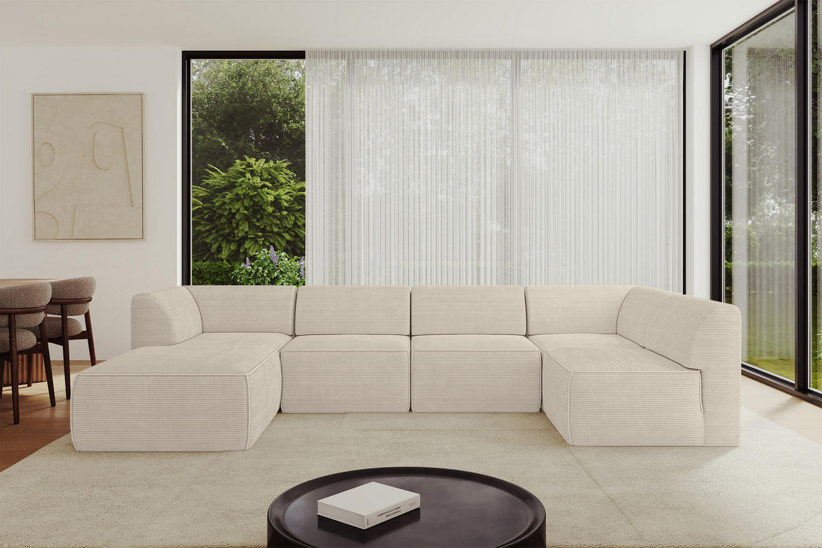 WOHNLANDSCHAFT Ottomane Links MOVO-L 345x180x78 cm Beige Cord - Beige, Holzwerkstoff/Kunststoff (345/78/180cm) - ALTDECOR