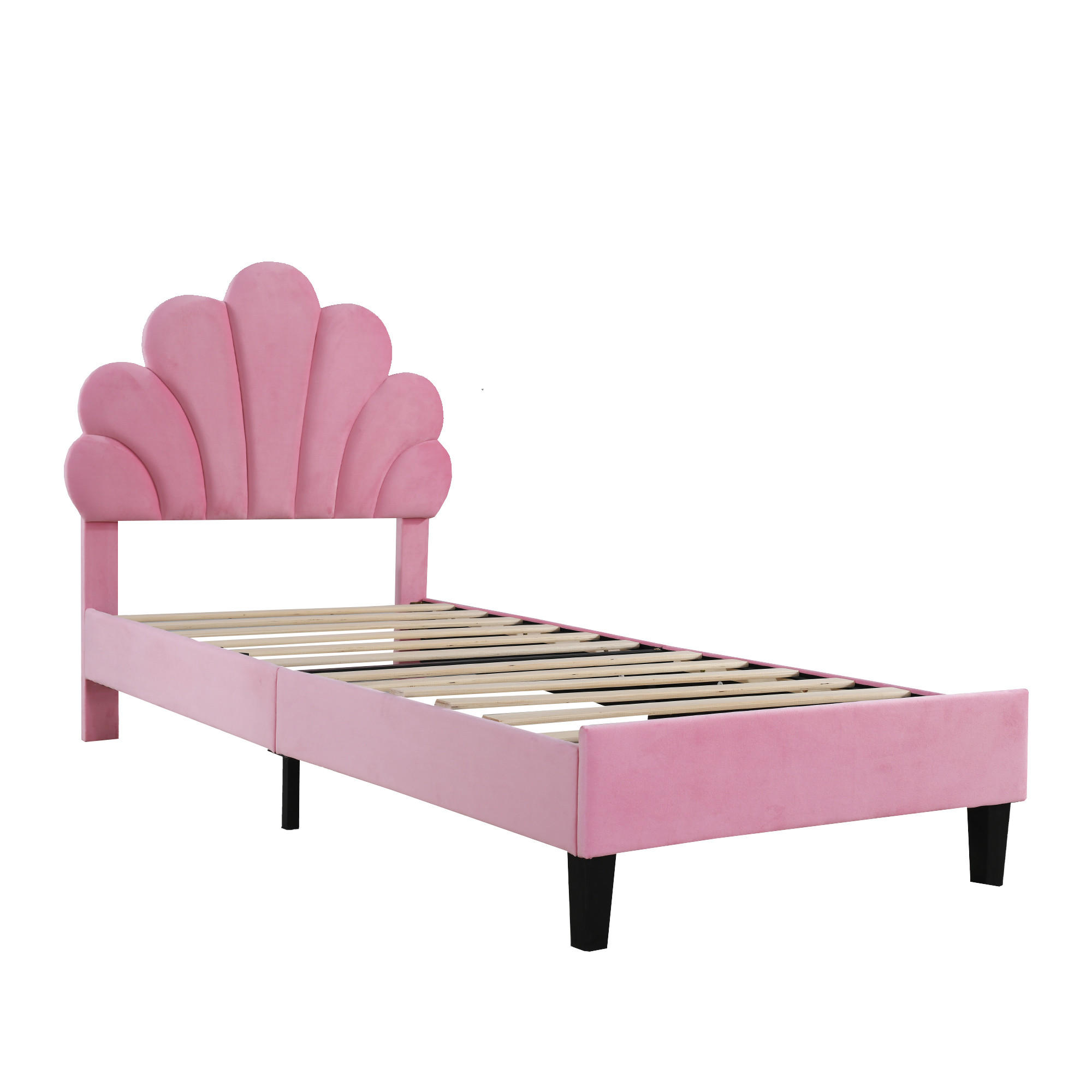 KINDEREINZELBETT 90×200 cm aus Samt-Stoff mit Lattenrost und blumenverziertem Kopfteil, rosa - Rosa, Textil (90/200cm) - Luhomfu