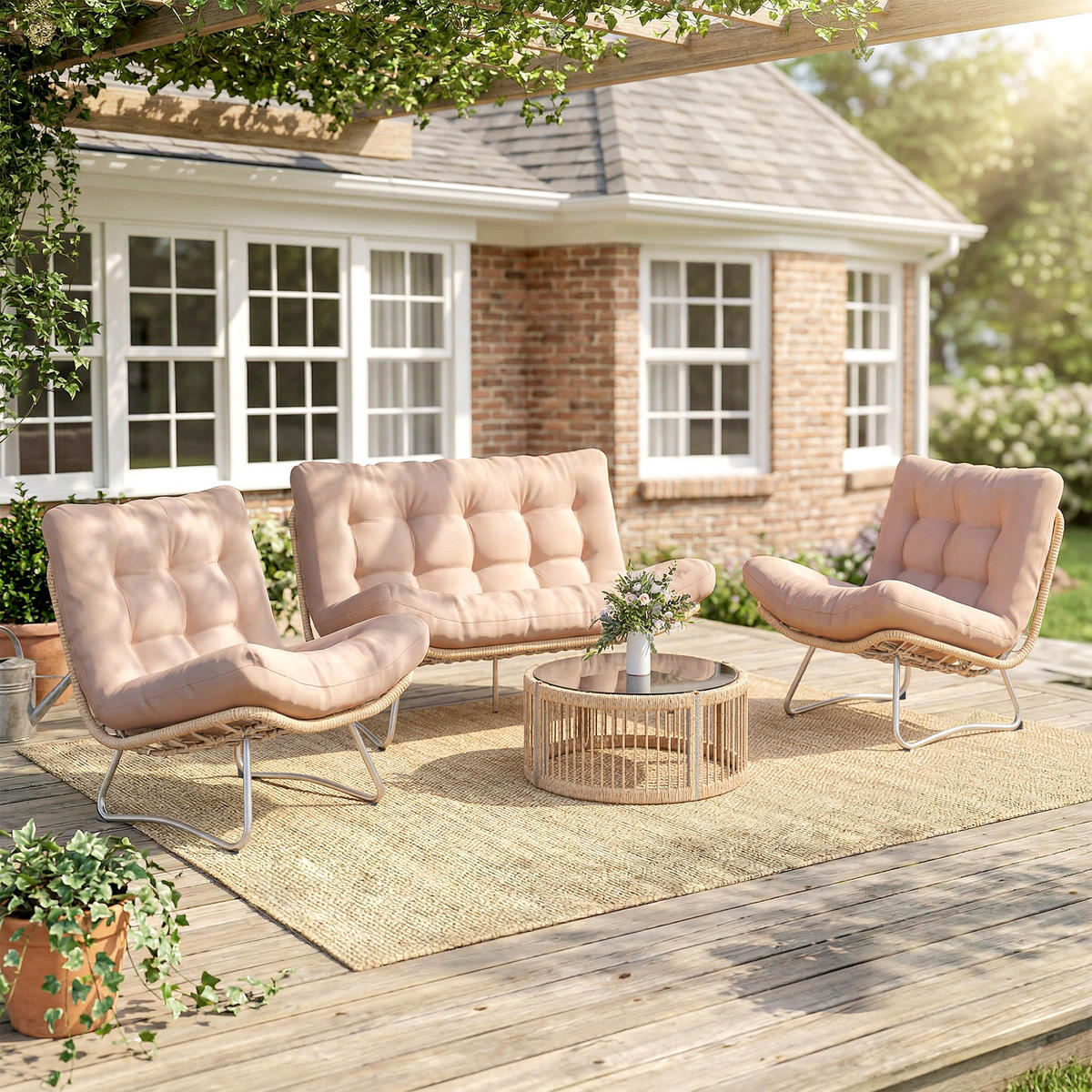 RATTAN-GARTENMÖBEL-SET 4er Set PE-Rattan Metall Braun - Braun, Metall - Outsunny