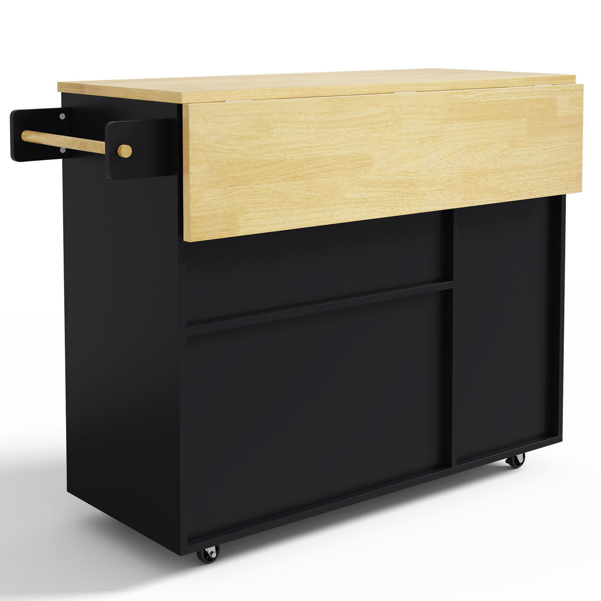 KÜCHENINSEL 89 cm MDF Natur Schwarz mit Klappbarer Arbeitsplatte und Weinregal - Schwarz, Holzwerkstoff (69/89/104cm) - Korfee