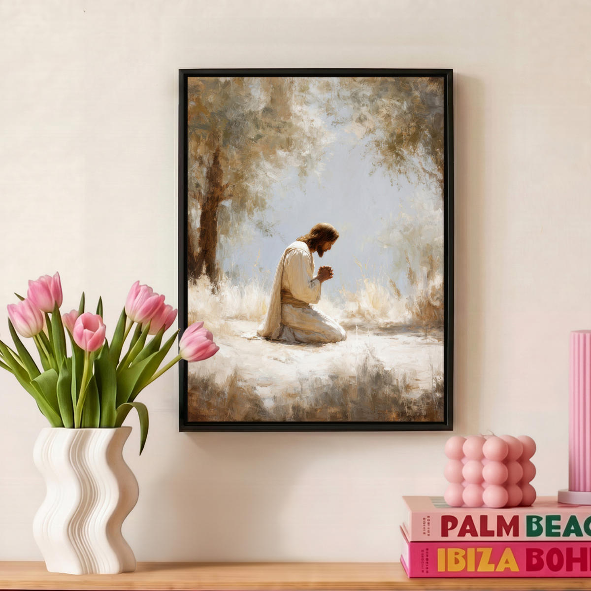 LEINWAND Bilder mit Rahmen - Jesus - Kniend - Waldlandschaft - Betend - 30x40 - Beige, Textil (30/40cm) - MuchoWow
