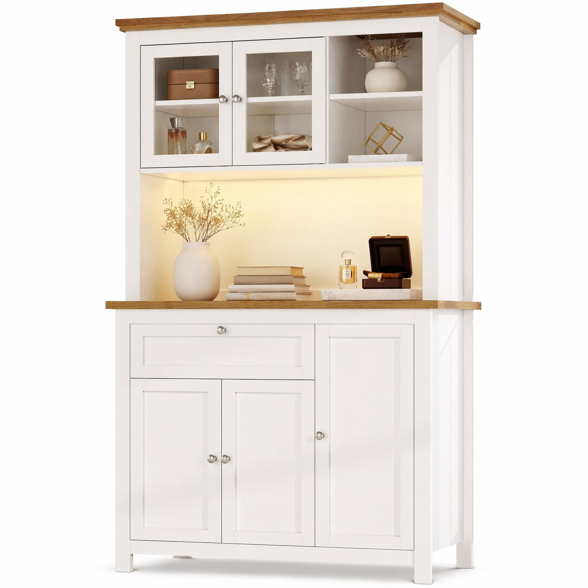KÜCHENSCHRANK in Weiß Buffetschrank mit LED-Beleuchtung und verstellbaren Ablagen für Küche, B104/T40/H180 cm - Transparent/Weiß, Glas/Holzwerkstoff (104/180/40cm) - STILVORA