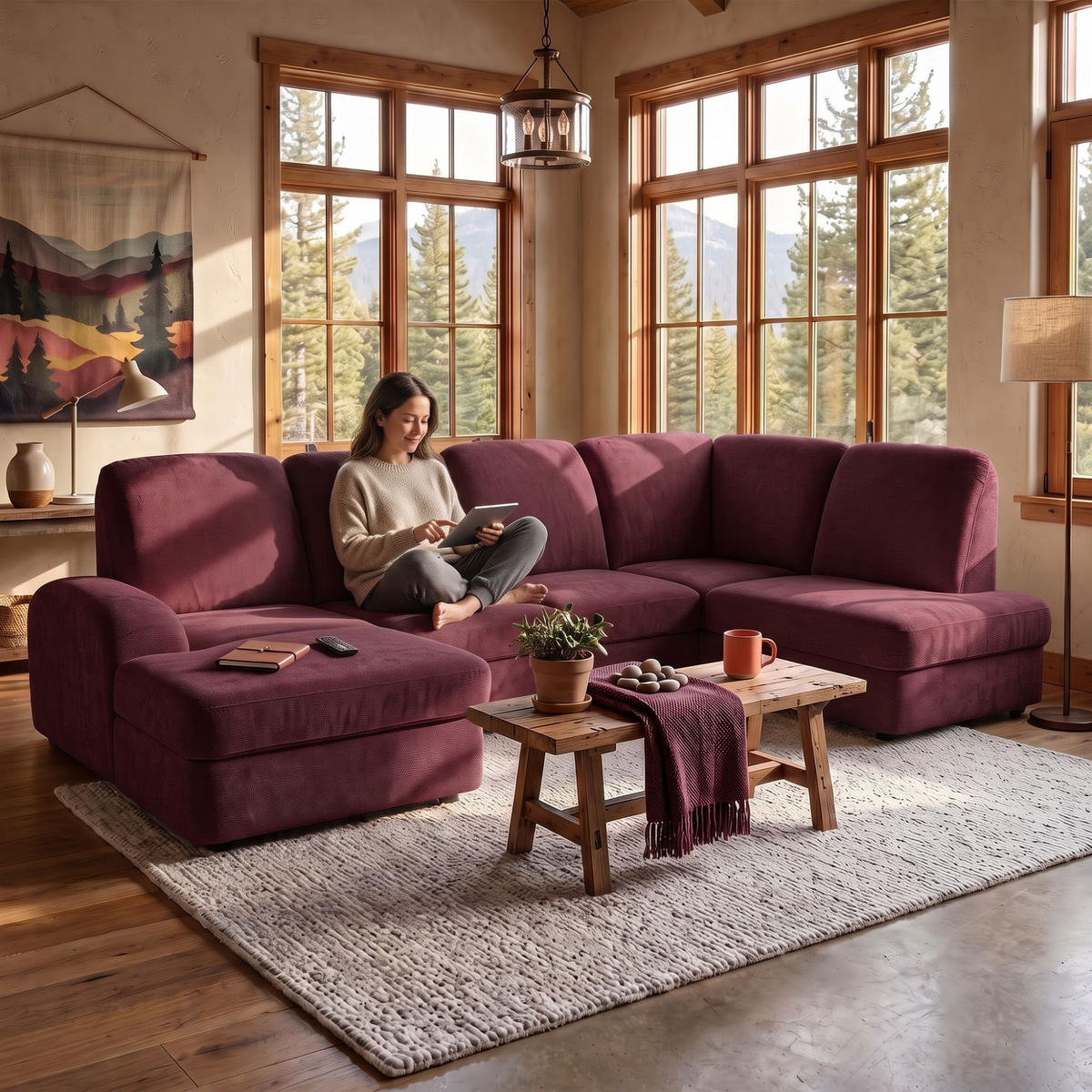 ECKSOFA VIBE U Rechts mit Schlaffunktion 129x263 Chenille Bordeaux - Bordeaux/Schwarz, Holz/Kunststoff (186/102/280cm) - Muffo