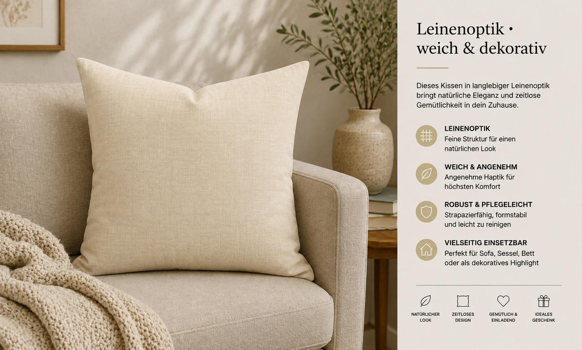 KISSENBEZUG Leinenoptik 50/50 cm Ecru - Ecru, Textil (50/50cm) - TiborTex