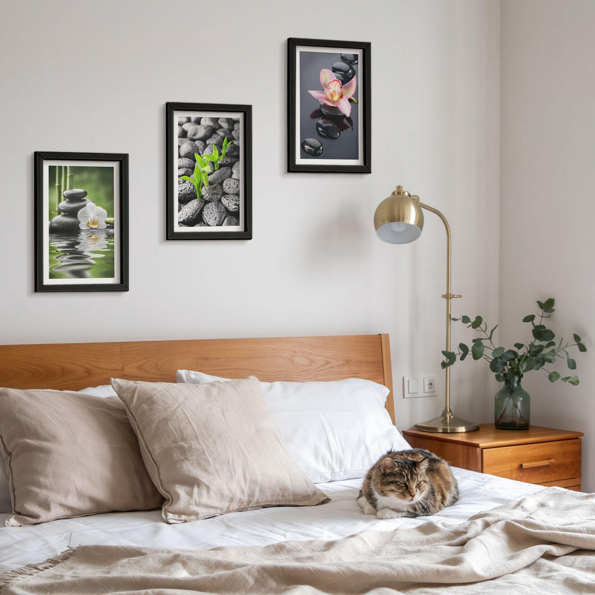 WANDBILDER 3er-Set - 20x30 cm Schwarzer Rahmen - Eine ruhige Zen-Komposition aus Blumen und Wasser - Schwarz, Kunststoff (20/30cm) - ArtPrintCave