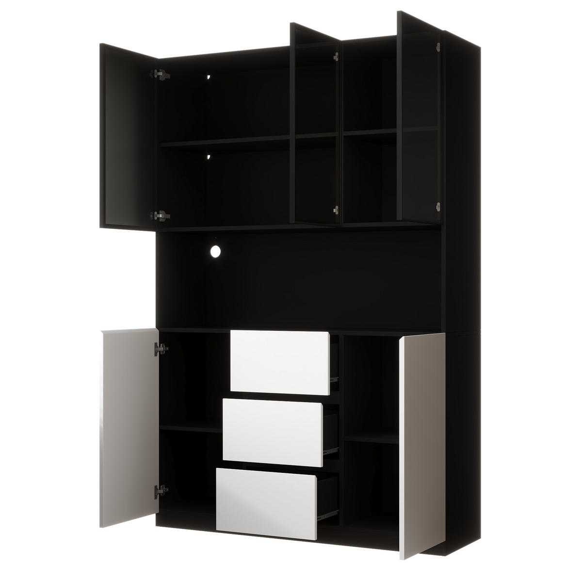 VITRINE 120cm Glas LED 3 Schubladen 2 Türen modern - Schwarz, Holzwerkstoff (120/200/40cm) - FLIEKS