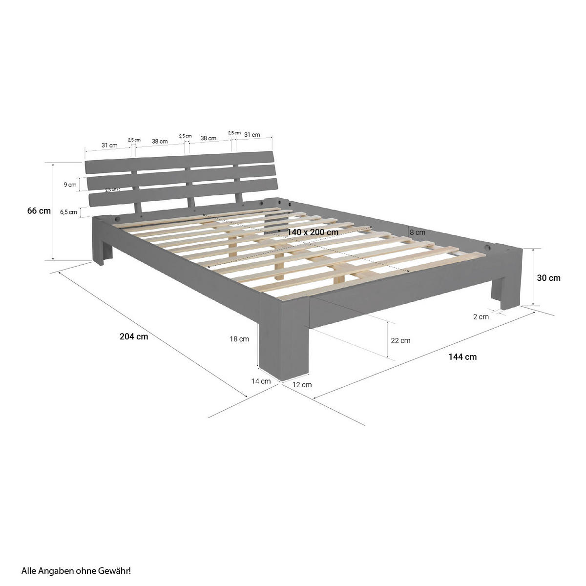 HOLZBETT mit Matratze 140/200 cm grau - Grau, Holz (140/200cm) - Homestyle4u