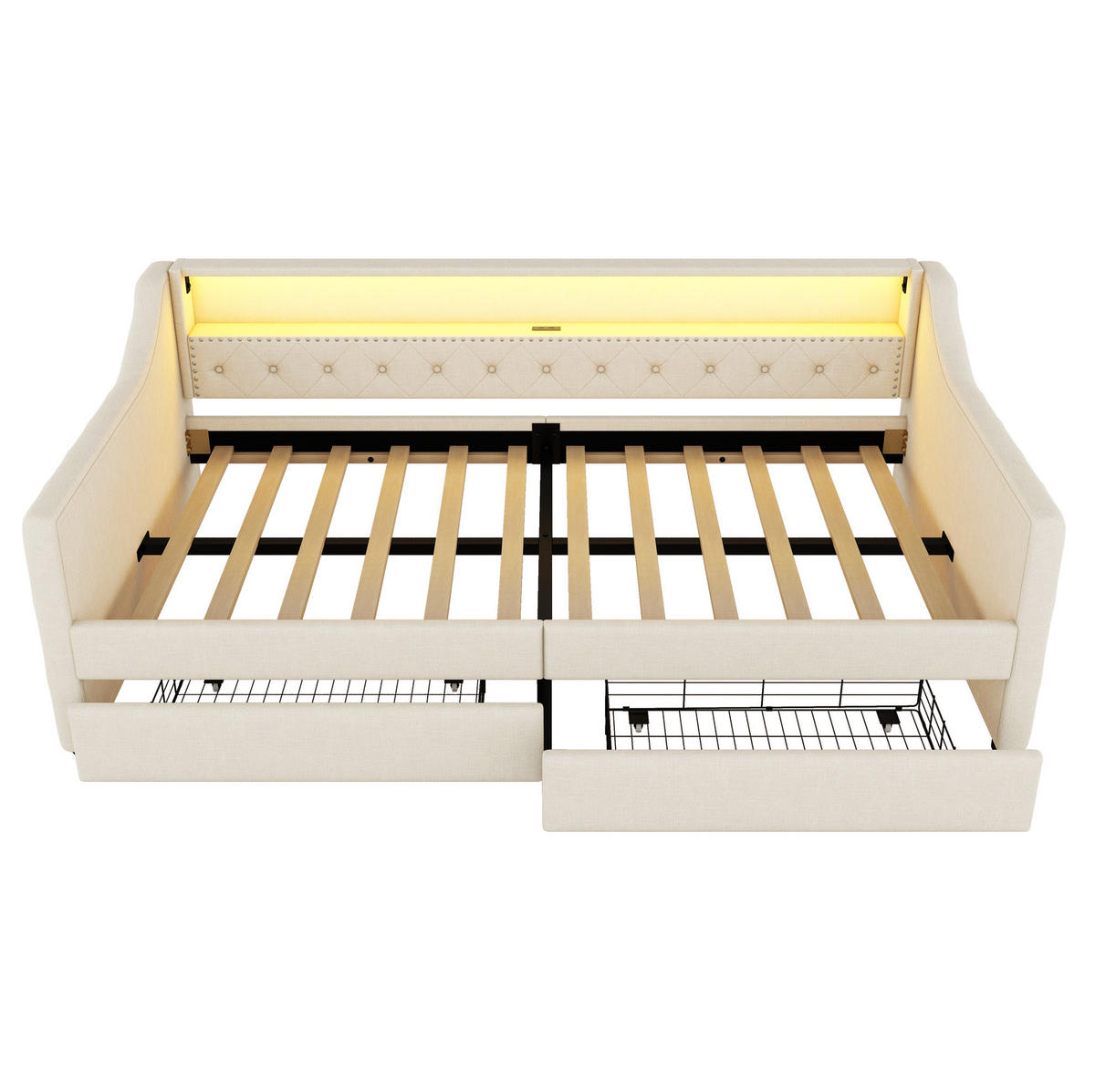 POLSTERBETT mit LED-Beleuchtung 90/200 cm mit 2 Schubladen und USB-Anschluss - Beige, Textil (90/200cm) - BEAOK