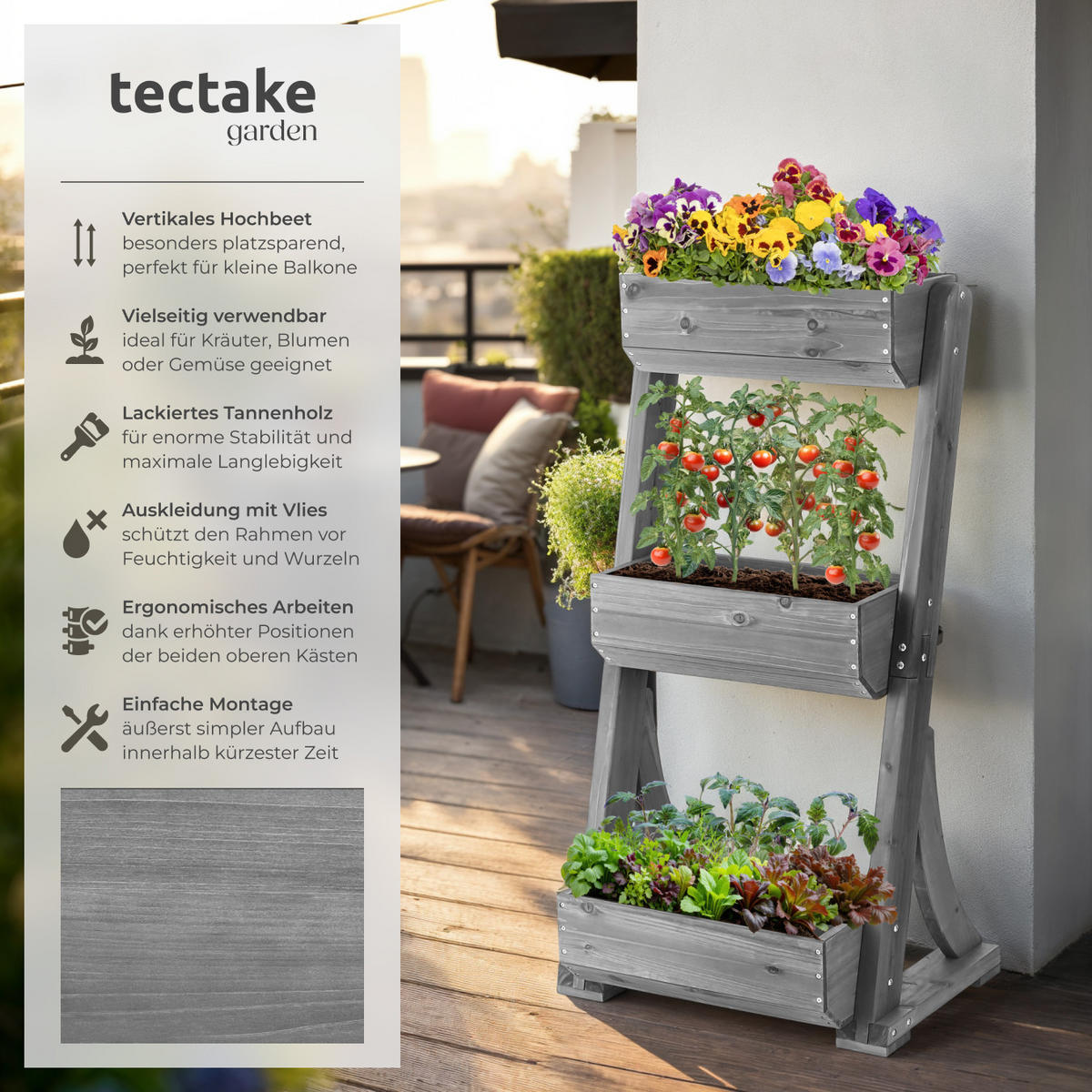 VERTIKALBEET Flora,inklusive Pflanzvlies, 60 x 49 x 140 cm,grau - Grau, Holz (60/140/49cm) - tectake