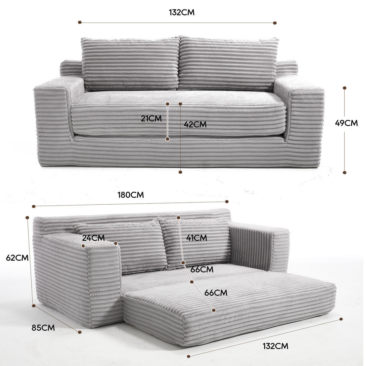 SCHLAFSOFA DE-35272 2-in-1 mit Memory-Schaum Hellgrau - Hellgrau, Textil (62/85/180cm) - ComfortXL
