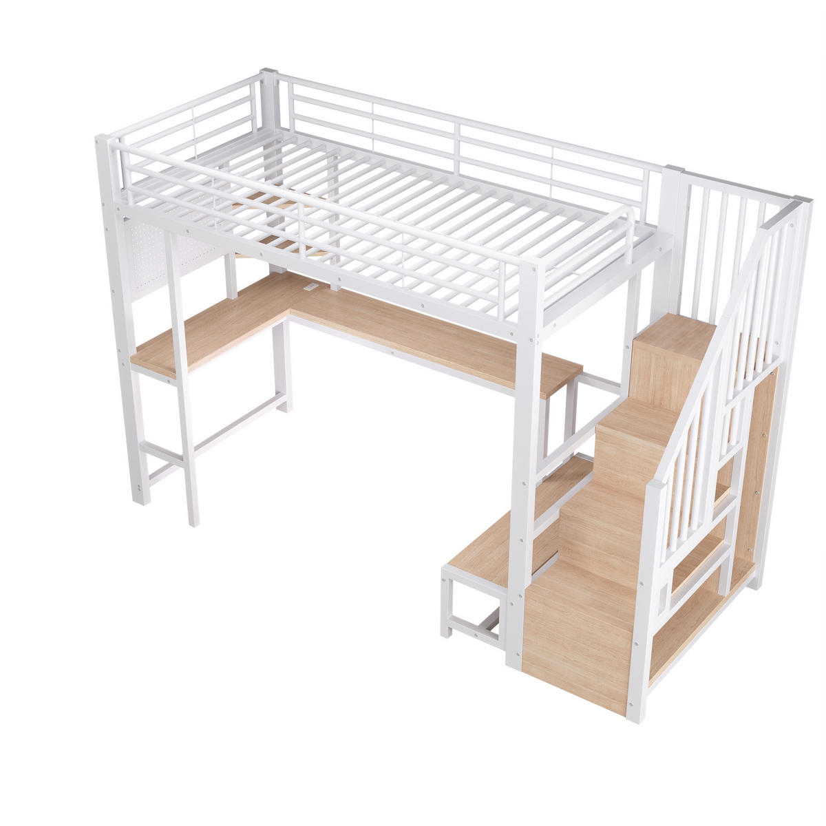 HOCHBETT 90/200 cm Weiß mit Schreibtisch, trapezförmiger Schrank und LED-Beleuchtung - Weiß, Metall (90/200cm) - Oxeza