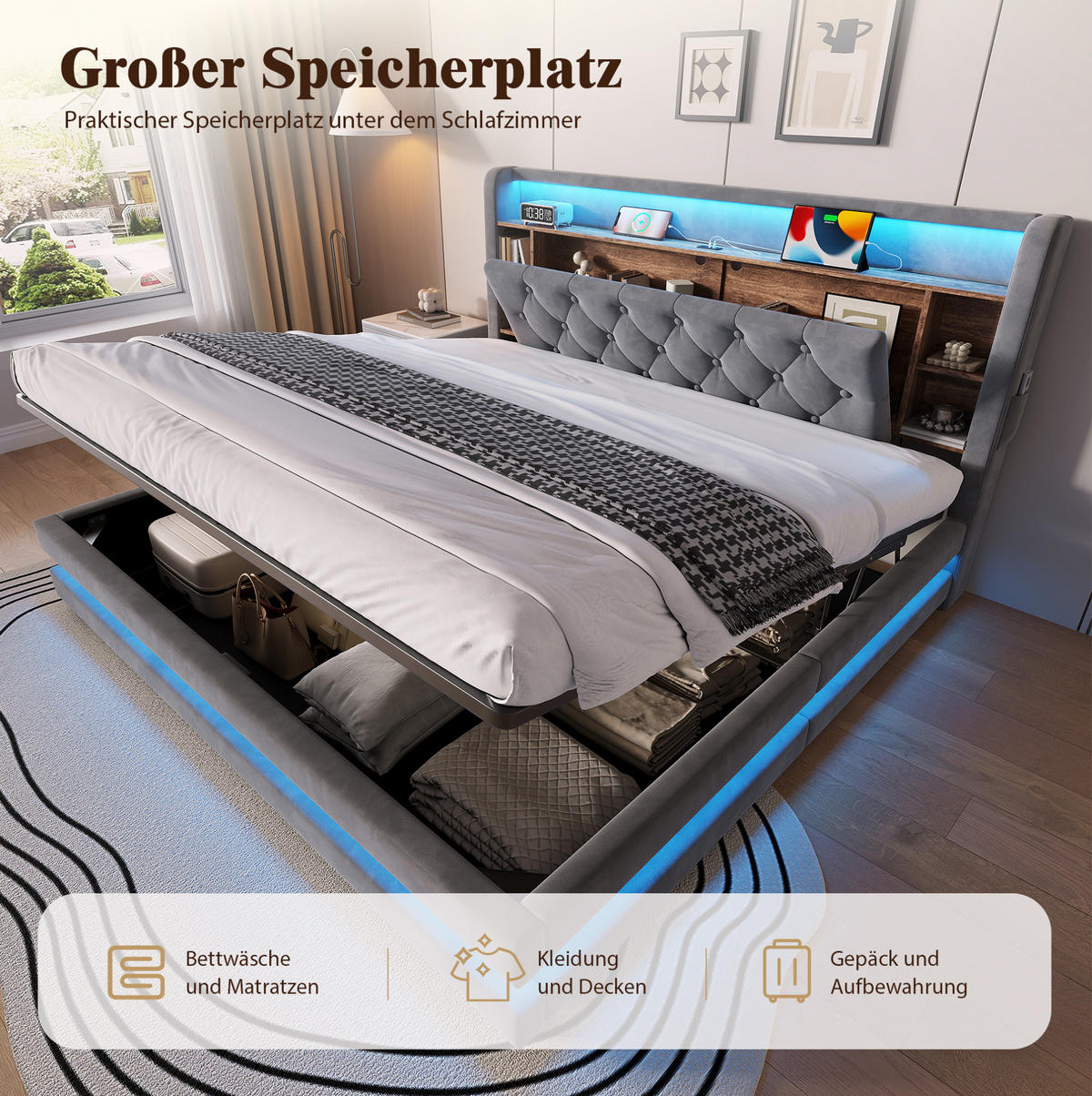 POLSTERBETT für 180x200 cm Matratzen in Dunkelgrau mit LED, Bettkasten und USB - Dunkelgrau, Textil (180/200cm) - IVMEU