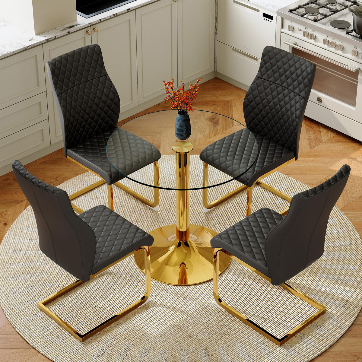 ESSGRUPPE DE-39470 5-teilig, Glastisch und 4 Stühlen mit Rautenmuster Schwarz - Schwarz, Metall (85/75/85cm) - ComfortXL