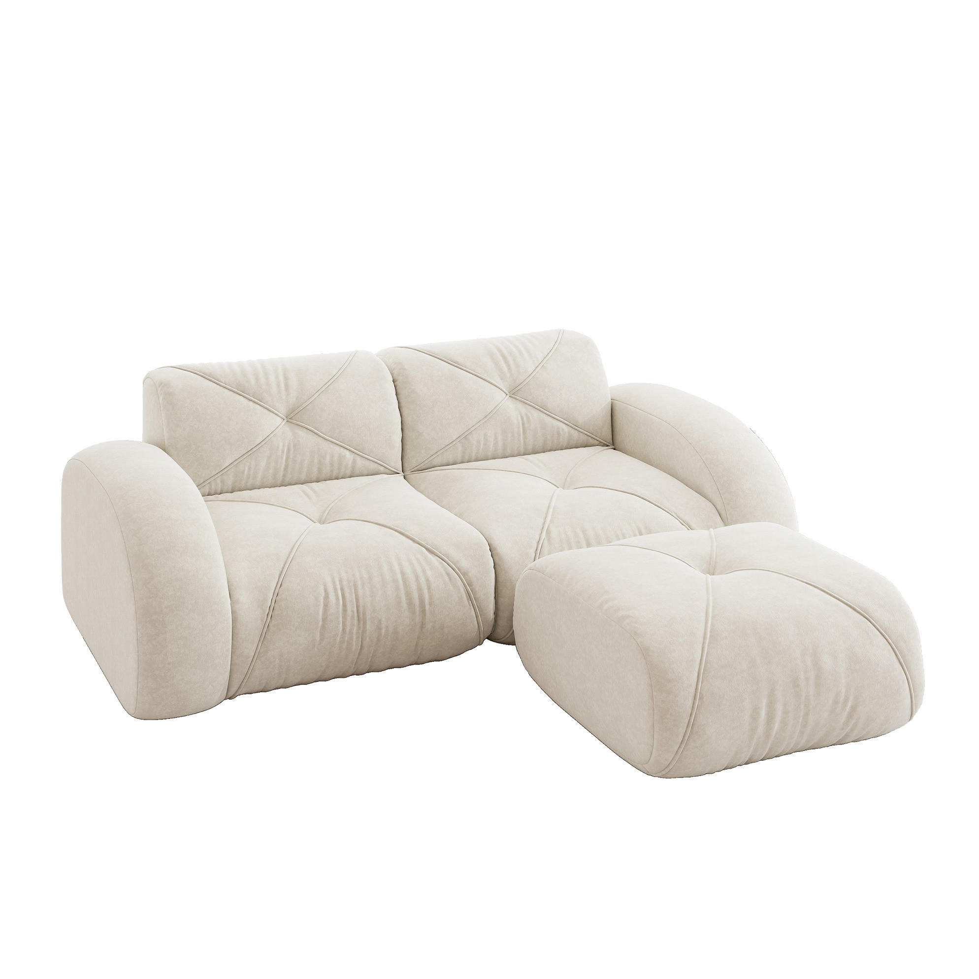 2-SITZER-MODULSOFA aus Chenille Hellbeige mit Hocker, rahmenlosem Design und 32D-Hochdichteschaum - Weiß, Textil (204/76/171cm) - Modfu