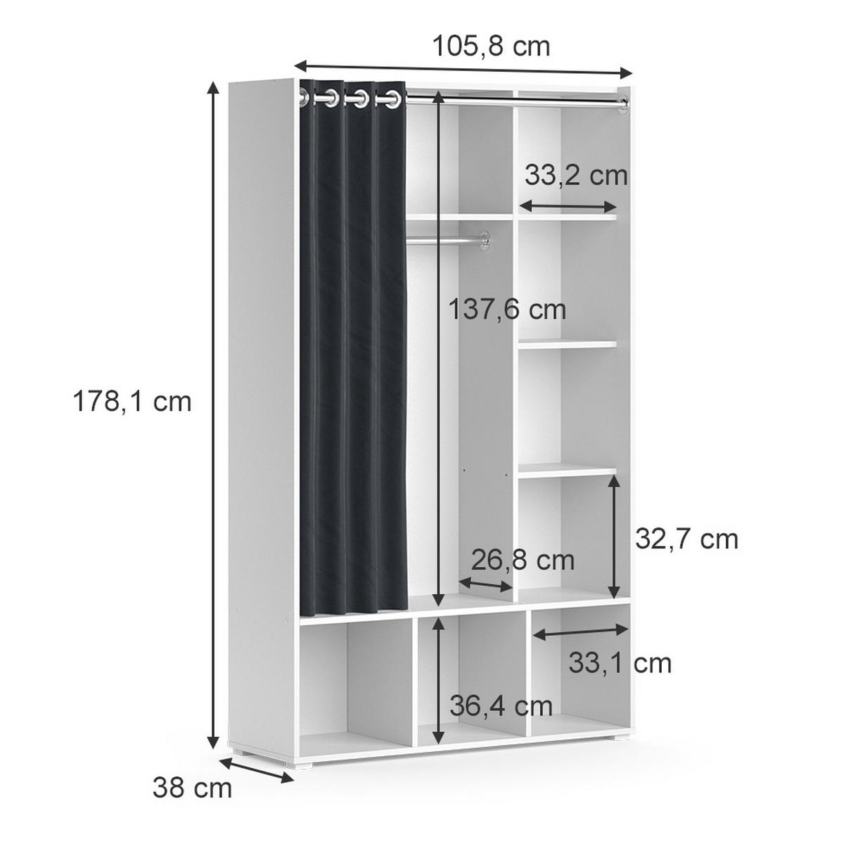 KLEIDERSCHRANK Luigi Weiß 105.8 x 178.1 cm mit Vorhang-Kleiderstange - Weiß, Holzwerkstoff (38/178.1/105.8cm) - Vicco
