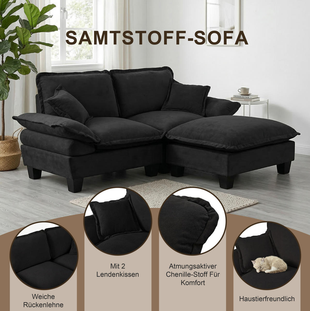 ECKSOFA 194/151/90 cm schwarz aus Chenille mit Ottomanen - Schwarz, Textil (151/194cm) - OKWISH