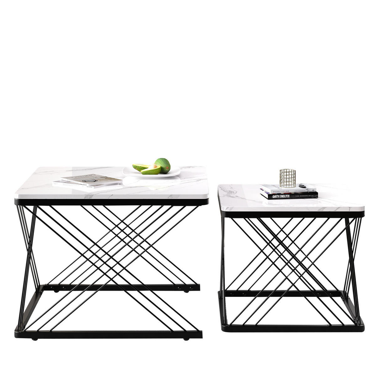 KONFERENČNÍ stolky, sada 2 ks, 60/60/45 a 45/45/40 cm, MDF bílá/černá v mramorovém vzhledu - černá, kompozitní dřevo (60/60/45cm) - BEAOK