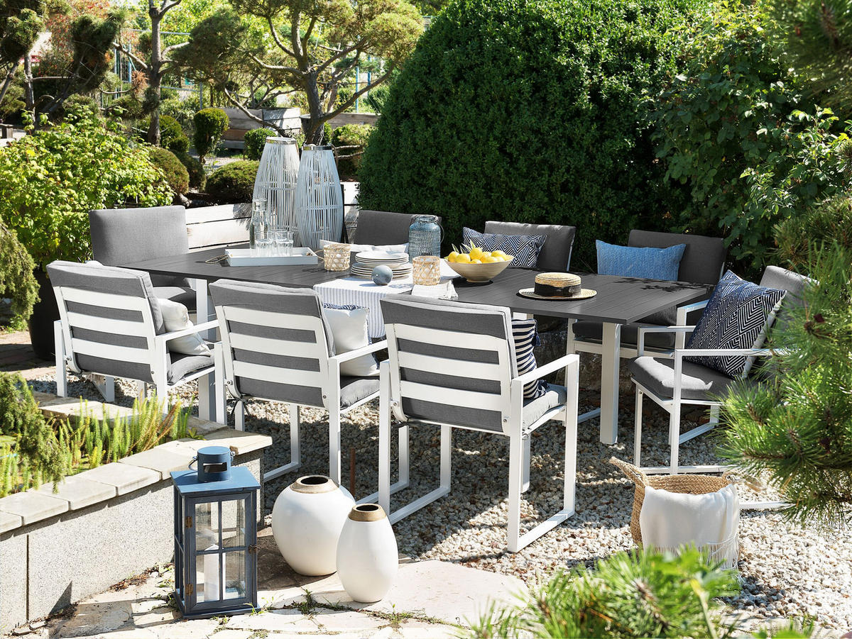 GARTENMÖBEL SET 8-Sitzer Aluminium dunkelgrau Pancole - Weiß/Grau, Metall - Beliani