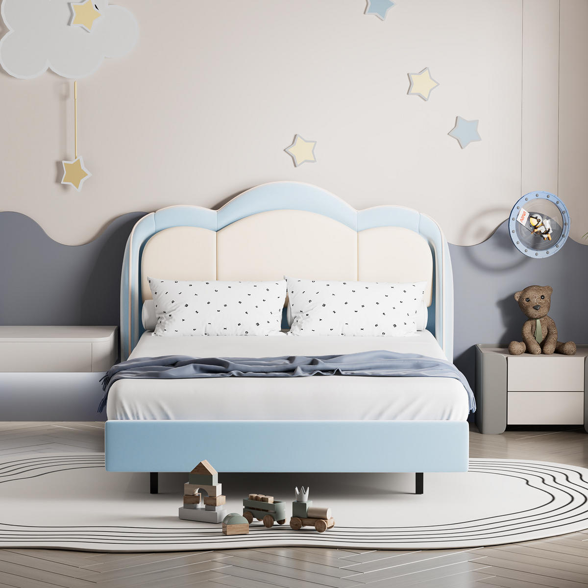 KINDERBETT 140×200 cm, LED-Musiklampe, schwebendes Design, Kopfteil in Wolkenform, bett Blau - Blau, Metall (140/215cm) - HOMAVO