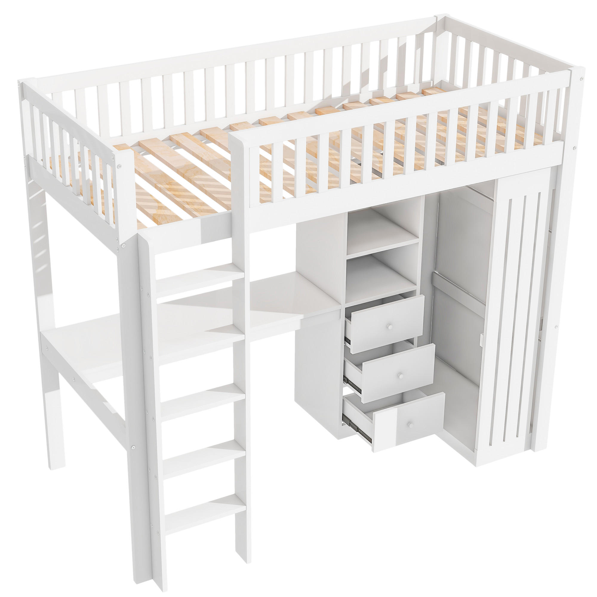 HOCHBETT 90/200 cm DE-04817, mit Schreibtisch, Kleiderschrank und 3 Schubladen in Weiß - Weiß, Holz/Holzwerkstoff (90/200cm) - ComfortXL