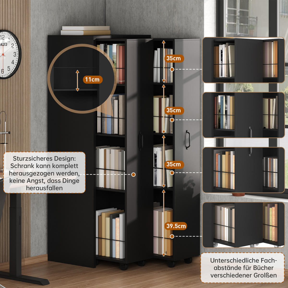 BÜCHERREGAL mit Rollen 4 Ebenen Erweiterbar MDF Modern - Schwarz, Holzwerkstoff (51.5/158/41cm) - FLIEKS