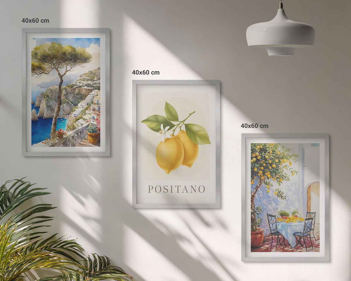 BILDER SET 3er Set - 40x60 cm Silberner Rahmen - Ansichten von Positano mit Zitronen - Silberfarben, Kunststoff (40/60cm) - TULUP