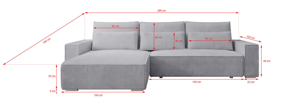 ECKSOFA Alice mit Bettkasten und Schlaffunktion, Cordstoff in L-Form - Grau, Textil (289/184cm)