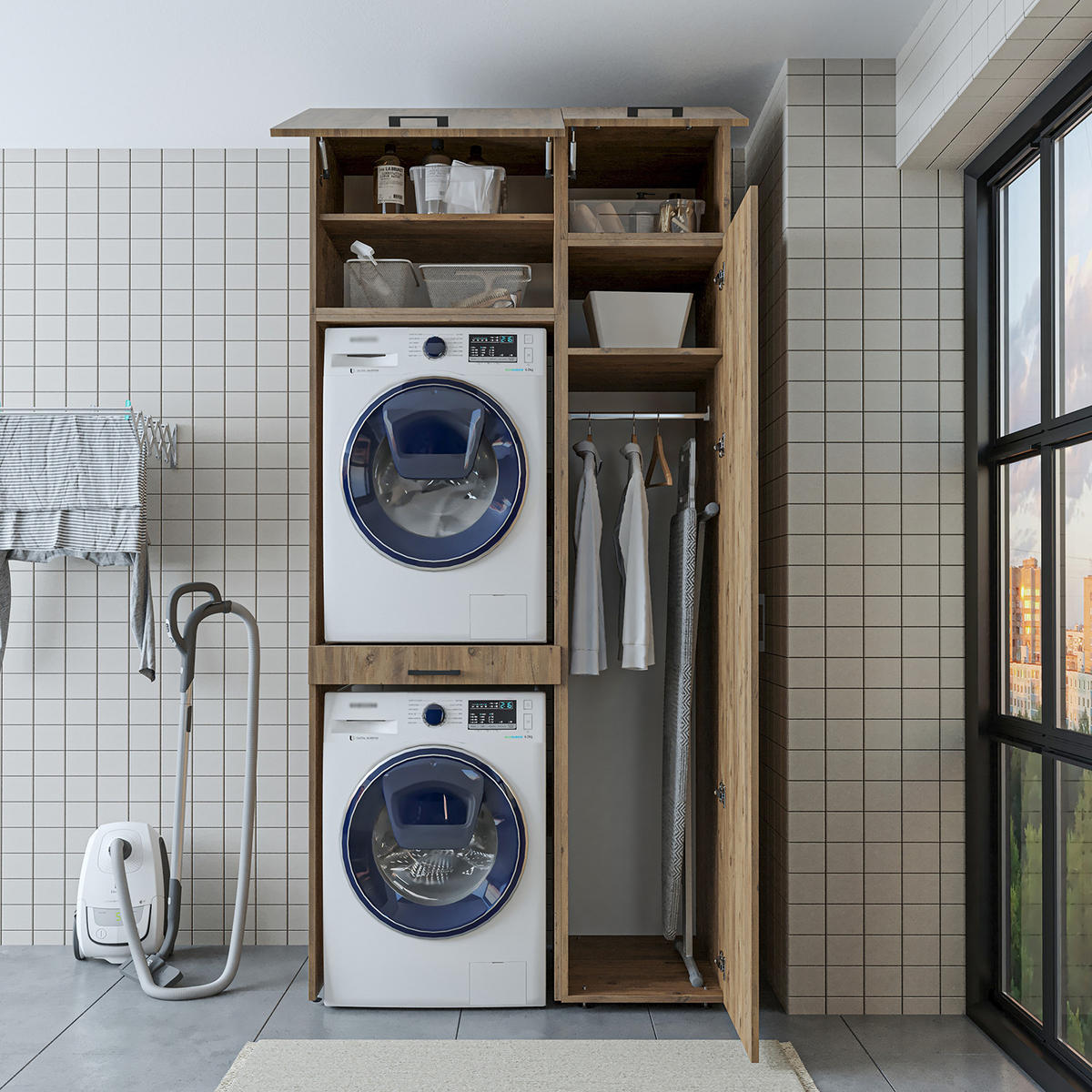 WASCHMASCHINENSCHRANK DUO-I 112cm Breit, 240cm Hoch - Eichefarben, Holzwerkstoff (112/240/67cm)