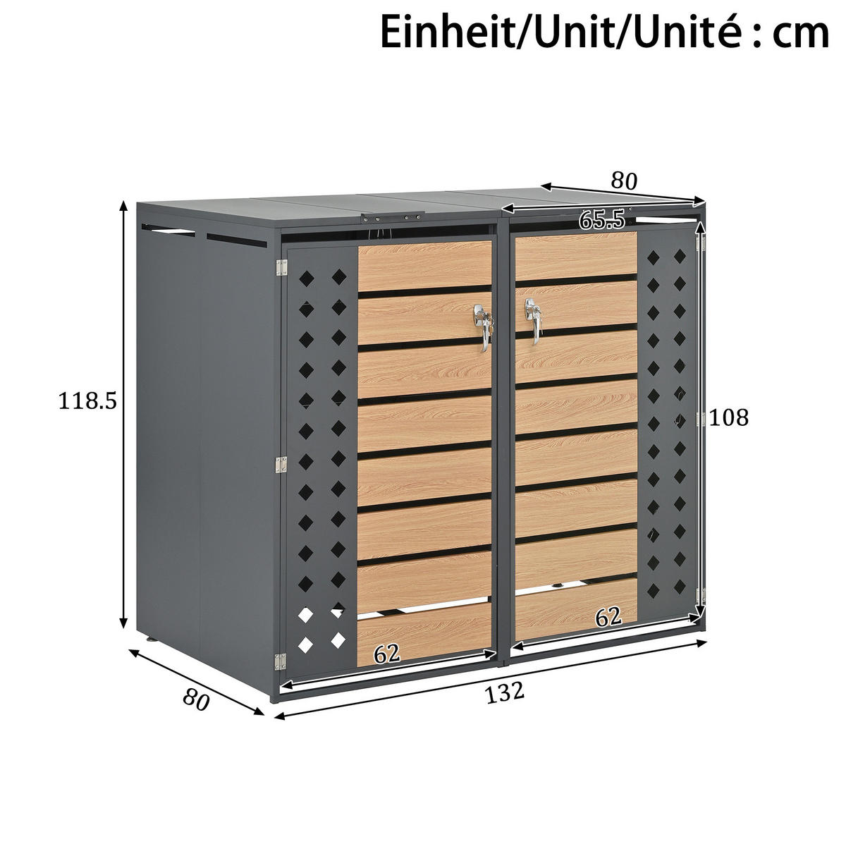 MÜLLTONNENBOX aus Stahl in Grau/Holzoptik mit hydraulischem Klappdeckel 264x80x118,5 cm - Grau, Metall (264/118.5/80cm) - Modfu