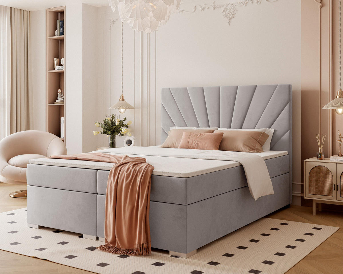 BOXBETT OASIS 140/200 cm mit Matratze und Topper, Grau - Chromfarben/Grau, Textil/Metall (140/200cm) - Idohome