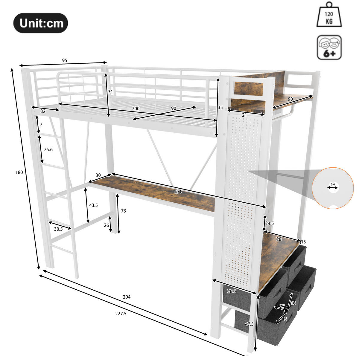 HOCHBETT aus Metall und MDF 90x200 cm Weiß mit Schreibtisch, 4 Schubladen, LED-Leiste und USB-C - Weiß, Metall (90/200cm) - IVMEU