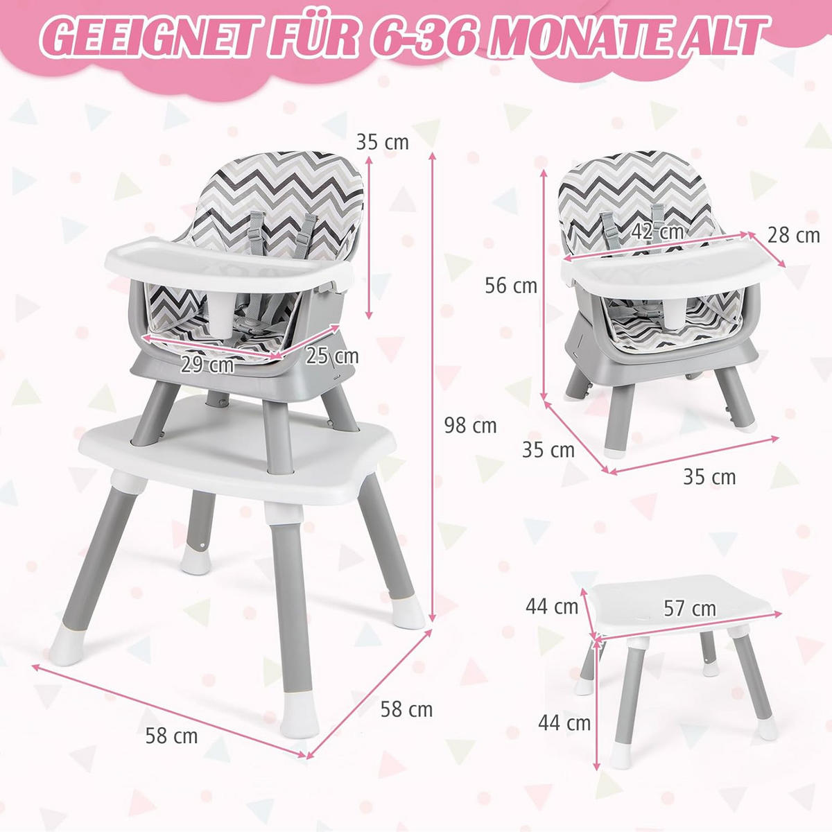 BABYHOCHSTUHL Weiß - Multicolor, Kunststoff (58/98/58cm) - COSTWAY