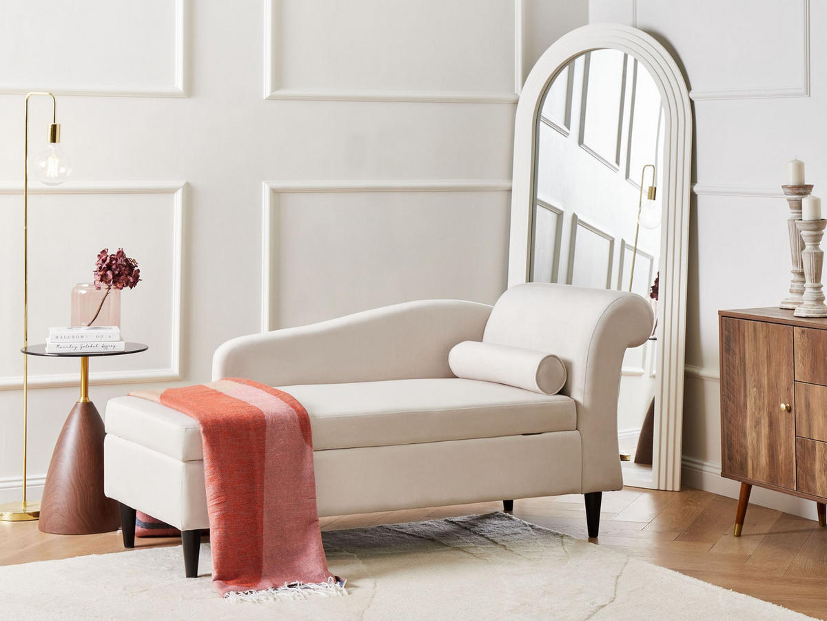 ČALOUNĚNÉ LEHÁTKO CHAISE LONGUE PRAVOSTRANNÉ Sametová látka Béžové s úložným prostorem Luiro - černá/béžová, textil (160/77/70cm) - Beliani