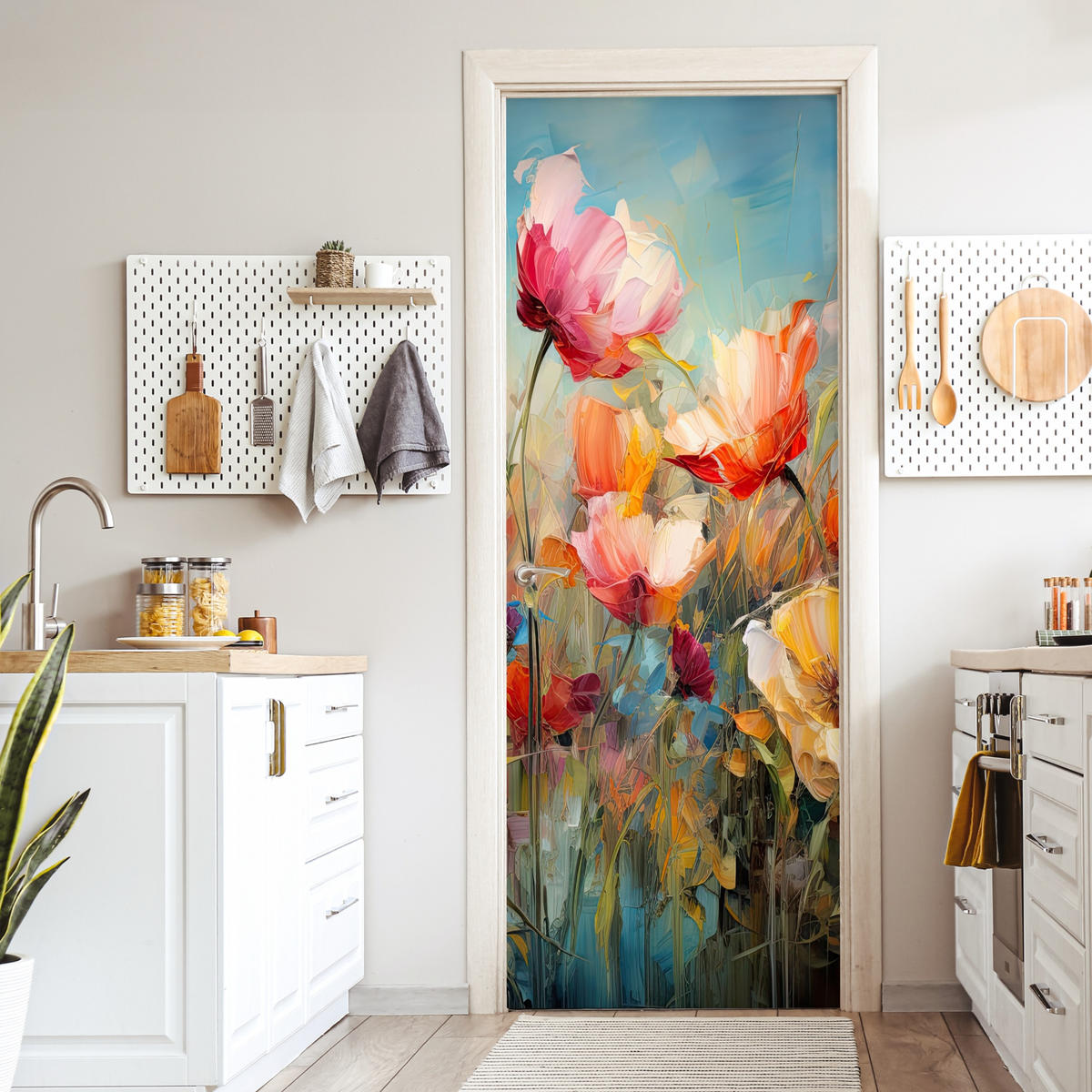 TÜRAUFKLEBER Blumen - Aquarell - Kunst - Botanisch - Natur 90x235 cm - Türtapete - Orange, Kunststoff (90/0.1cm) - MuchoWow