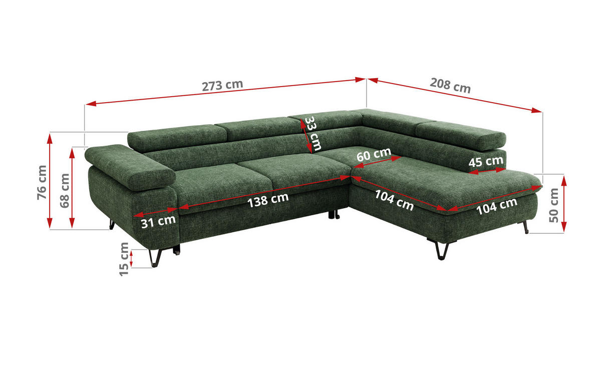 ECKSOFA PABLO L Dunkelgrün Schenille grob gewebt - Rechts Seite - Dunkelgrün/Schwarz, Textil/Metall (273/208cm) - MKS