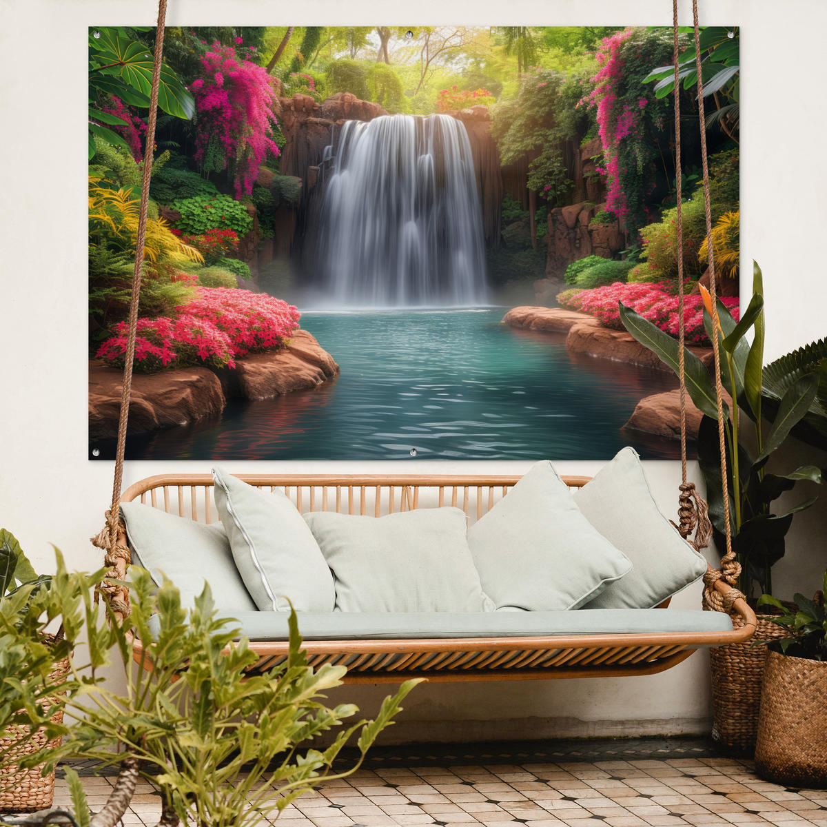 ZAHRADNÍ PLAKÁT Vodopád - Příroda - Rostliny - Džungle - Voda 180x120 cm - zelená barva, plast (180/120/0.2cm) - OnlyWow