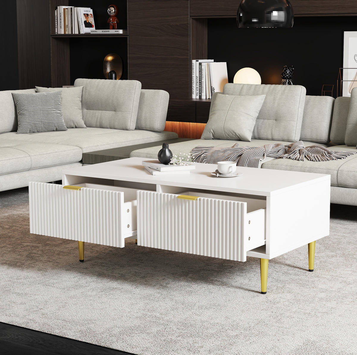 COUCHTISCH aus MDF 100x50x40 cm Weiß/Gold mit 2 Schubladen - Weiß, Holzwerkstoff (100/50/40cm) - IVMEU