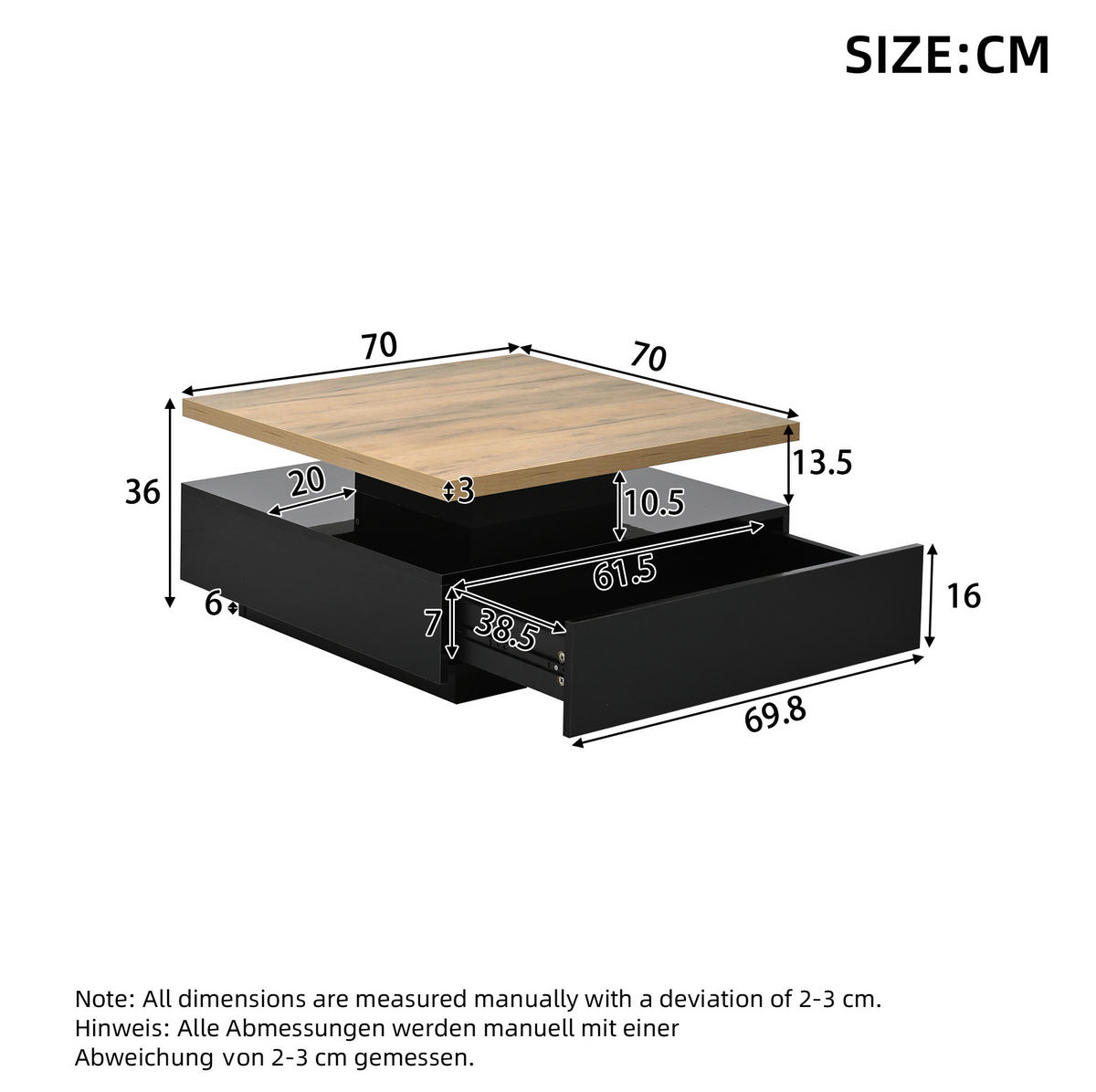 COUCHTISCH 70/70 cm drehbar mit versteckter Schublade in Walnuss/Schwarz - Schwarz, Holzwerkstoff (70/70/36cm) - BEAOK