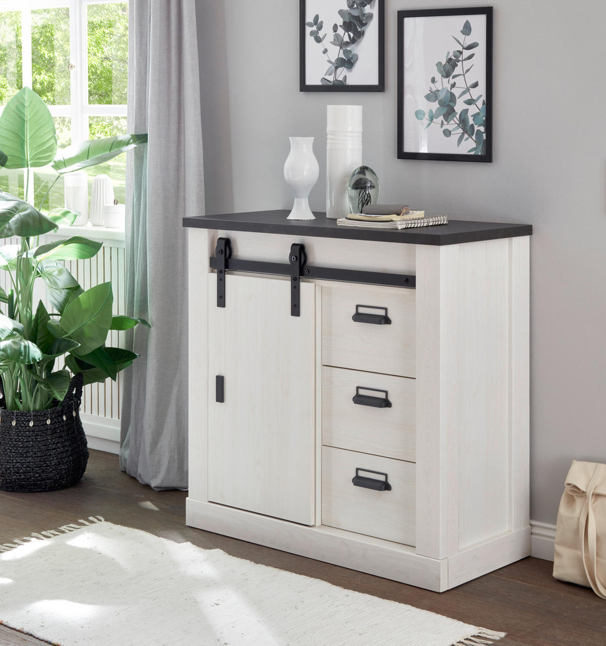 KOMMODE weiß Pinie, anthrazit, Landhaus, Sideboard 93 x 91 cm - Anthrazit/Weiß, Holzwerkstoff/Metall (93/91/43cm) - Furn.Design