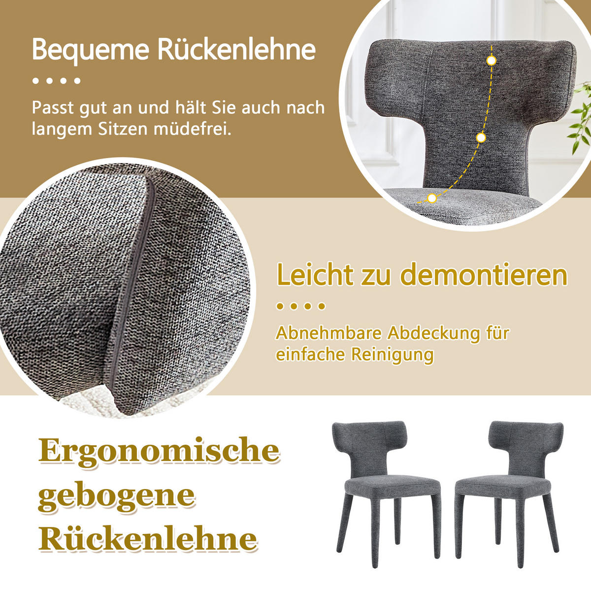 ESSZIMMERSTÜHLE 2er Set Stoff Polsterstuhl mit T-Rückenlehne & Metallbeinen - Grau, Textil (45/80.7/47.5cm) - Urban Meuble