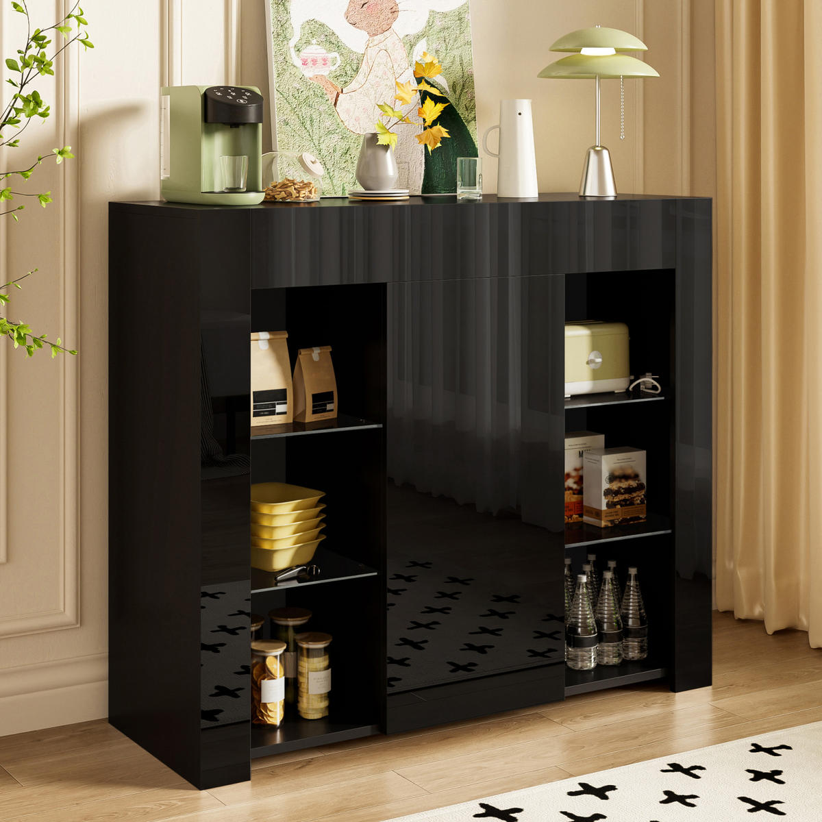 SIDEBOARD Schwarz, Hochglanzfront, Glasregale, kompakter Stauraum - Schwarz, Holz (95/83/35cm)