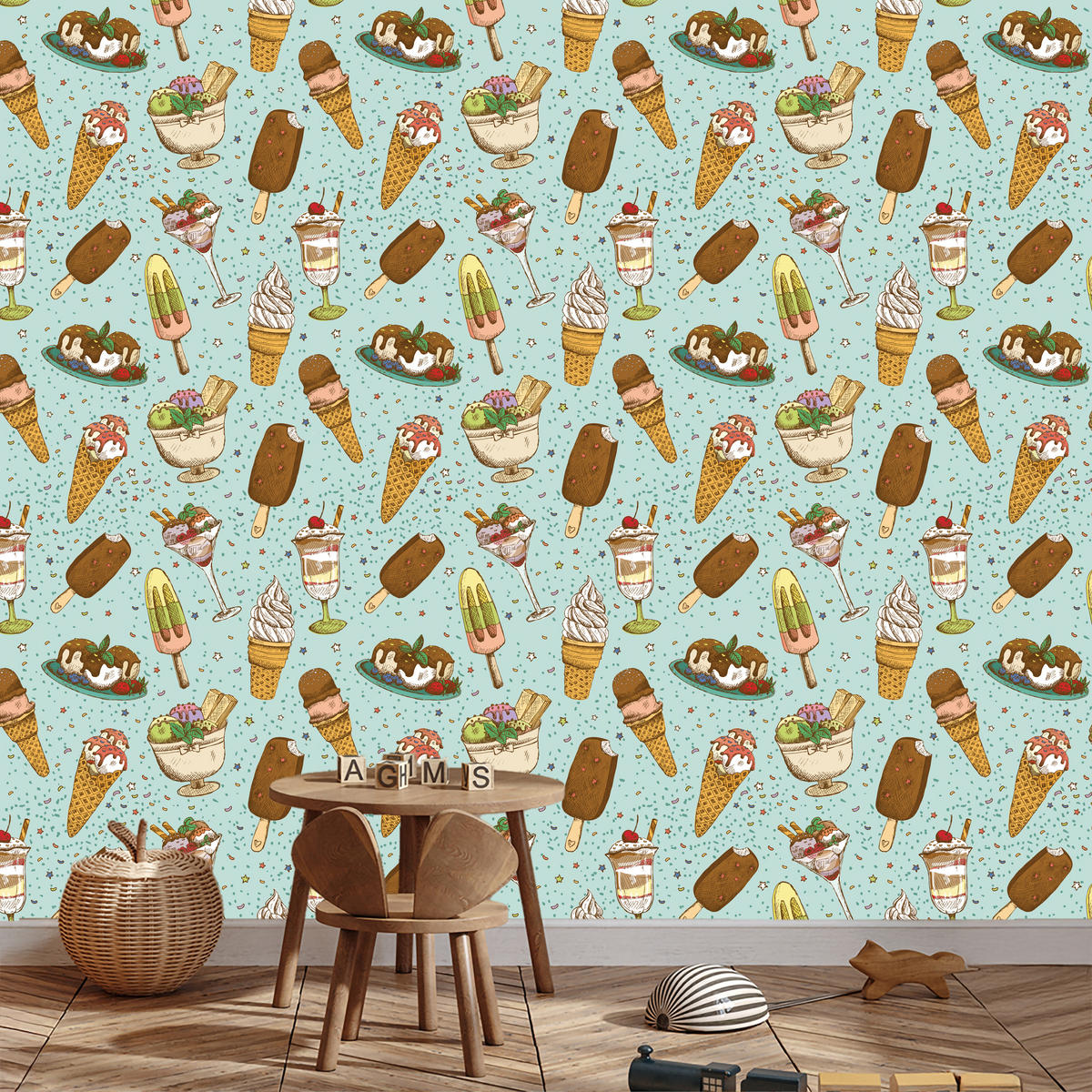 VLIESTAPETE Eiscreme und Süßigkeiten – Bunt, Türkis – 50x1000 cm - Türkis/Multicolor, Papier (50/1000cm) - Muralo