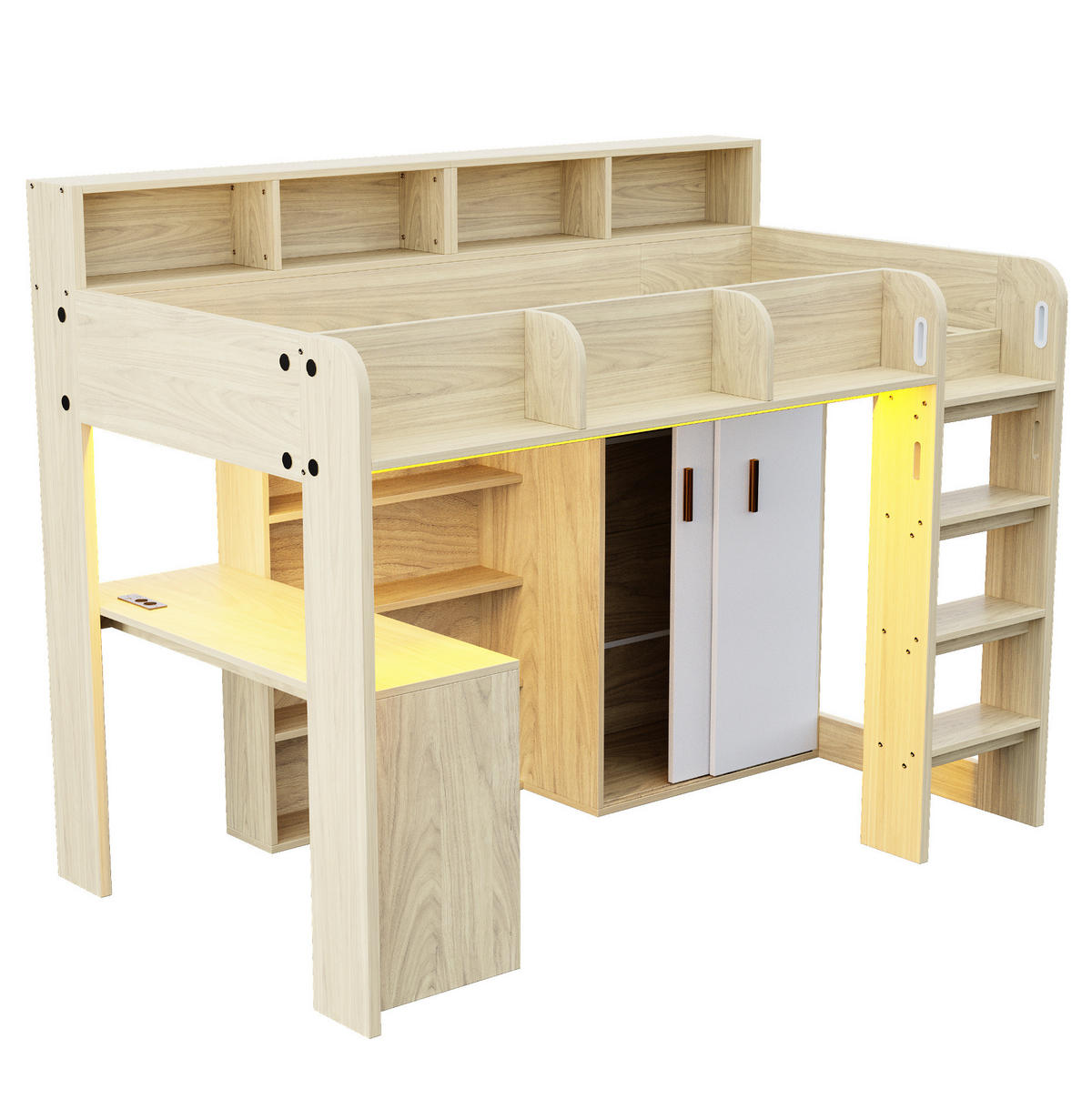 HOCHBETT 90/200 cm mit Schreibtisch, Kleiderschrank, Stauraum, LED-Beleuchtung und Steckdose, Holzfarbe - Naturfarben, Holzwerkstoff (90/200cm) - Redom