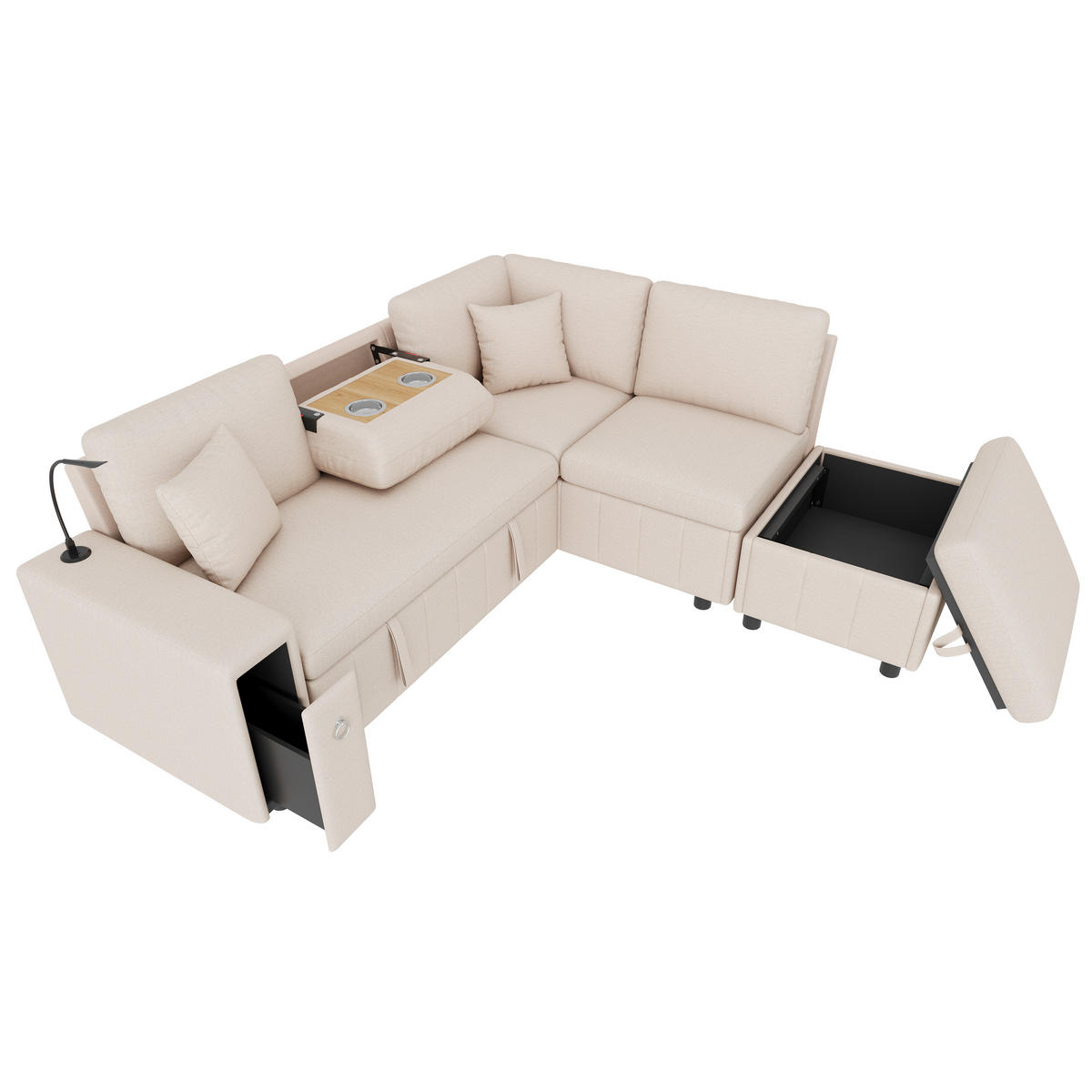 5-SITZER ECKSOFA Leinen Beige mit Schlaffunktion, USB, Type-C und Hocker - Beige, Holzwerkstoff/Kunststoff (213/184cm) - WISHDOR