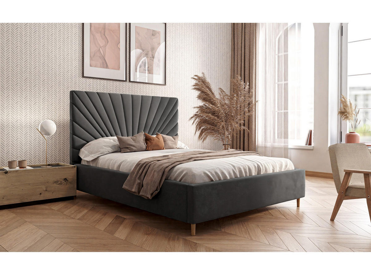 POLSTERBETT SUNNY 160x200 cm Jasmine 96, 34 Holzlatten, Kopfteil 131 cm - Grau, Textil (160/200cm) - Lookway