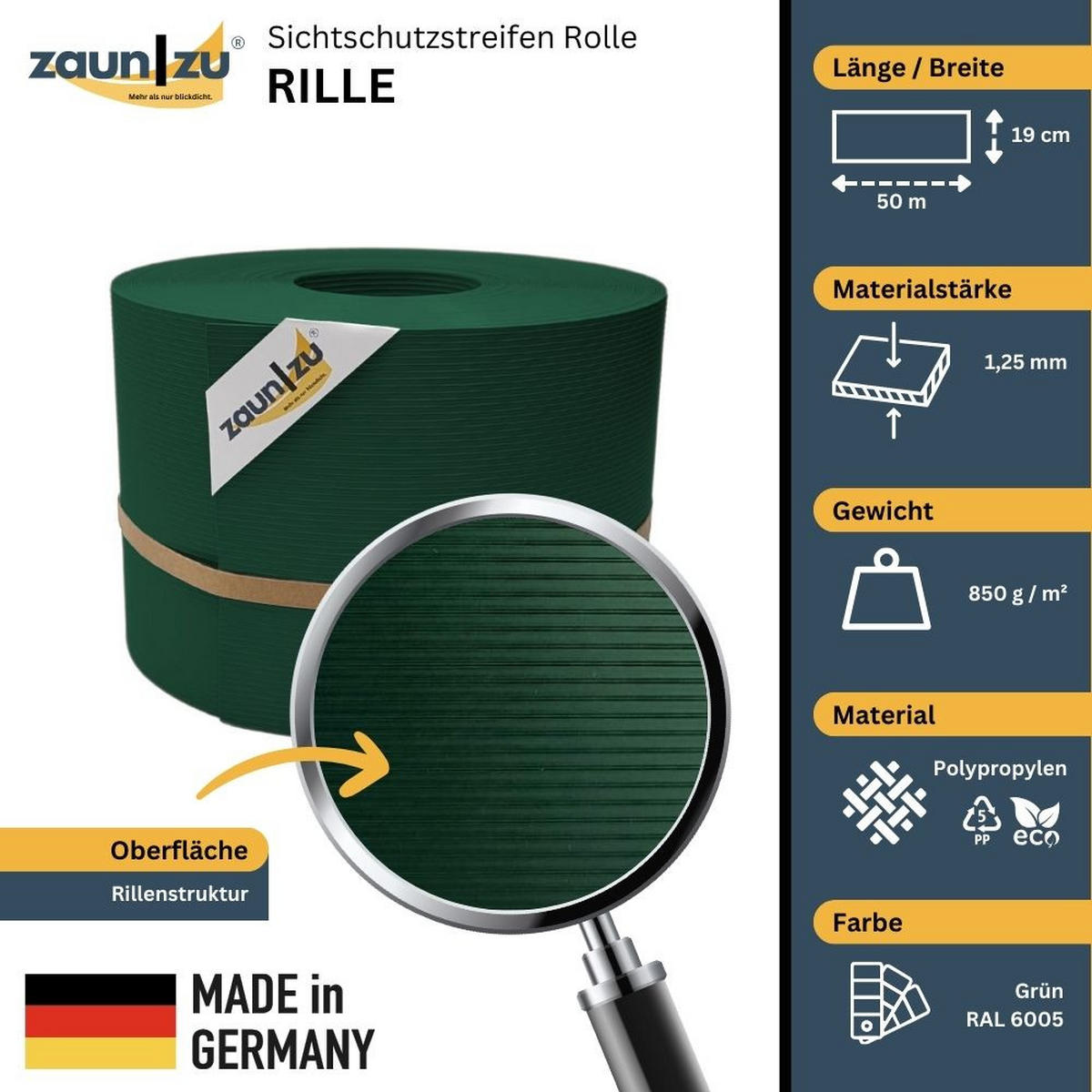 SICHTSCHUTZSTREIFEN Rille PP für Doppelstabmatte Zaunblende Grün 50m - Grün, Kunststoff (5000/19cm) - ZAUN|ZU