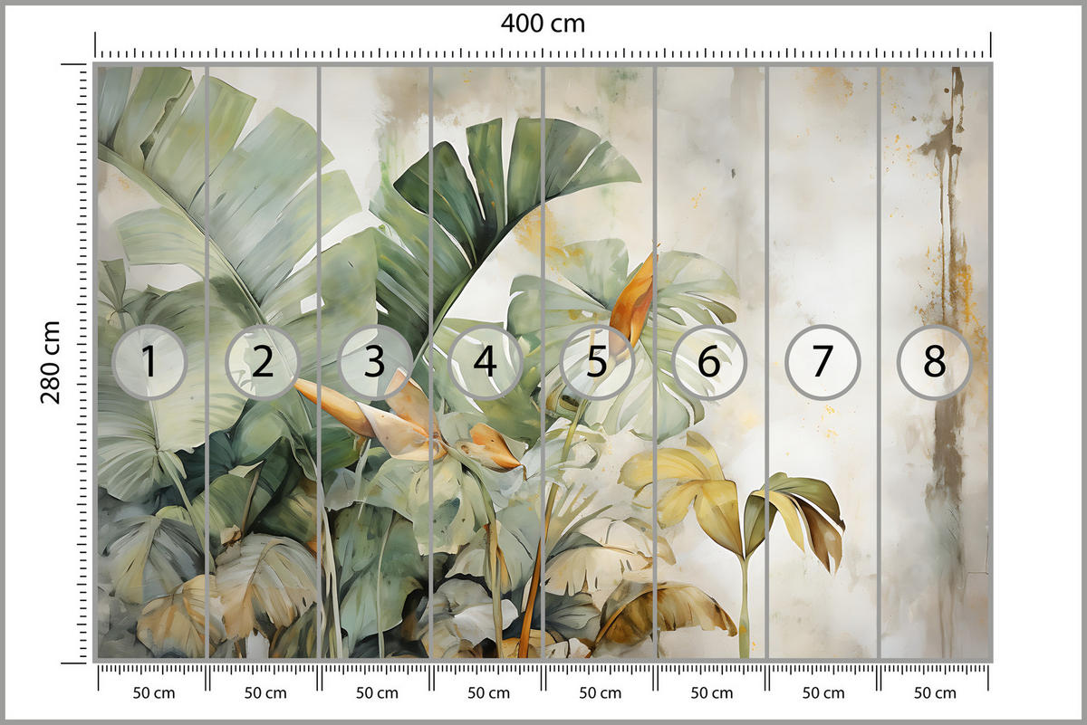 FOTOTAPETE für Wohnzimmer Exotische Blätter Abstrakt Pastell 400x280 - Gelb/Beige, Papier (400/280cm) - Muralo