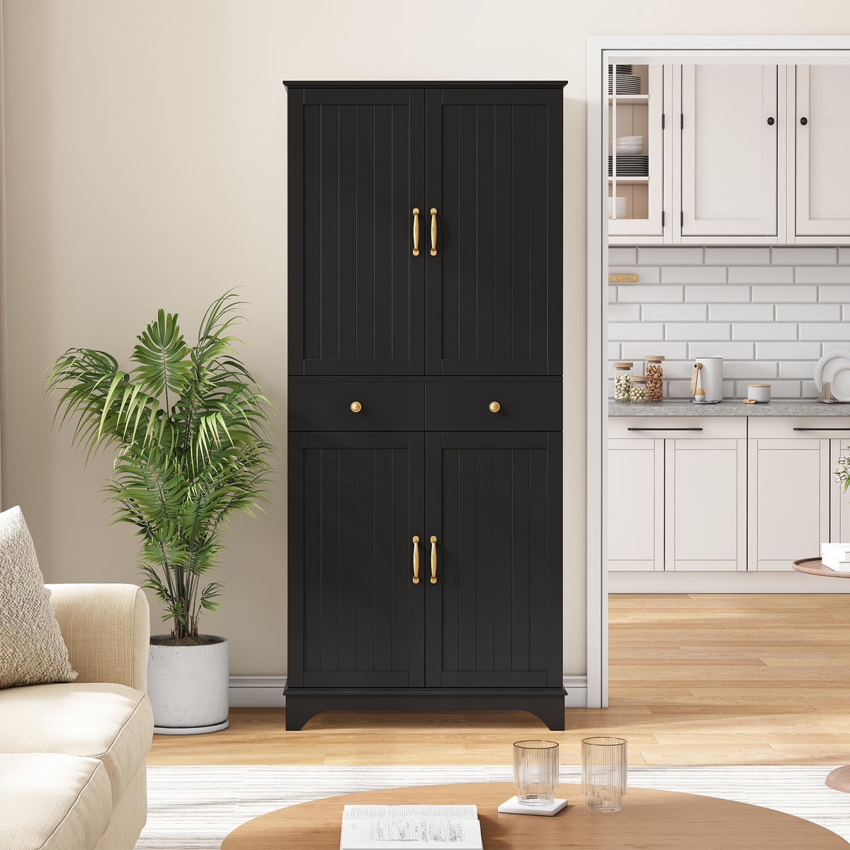 BUFFET mit vertikaler Maserung, geschwungener Sockel, verstellbaren Böden & Schubladen, neutral, MDF - Schwarz, Holzwerkstoff/Metall (77/181/40cm) - EVRYAE