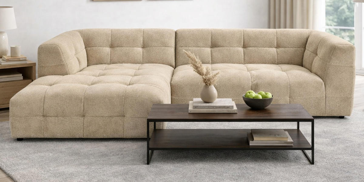 SOFA beige Webstoff 292 x 161 cm, Ecksofa 5-Sitzer, L-Sofa Ottomane links - Beige, Holz/Textil (292/161cm) - Inn.Furn